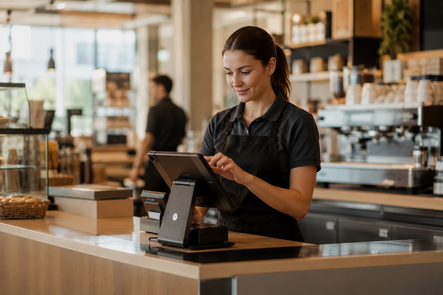 Servicemitarbeiterin bedient ein digitales Kassen- und Tablet-System an der Raststätte