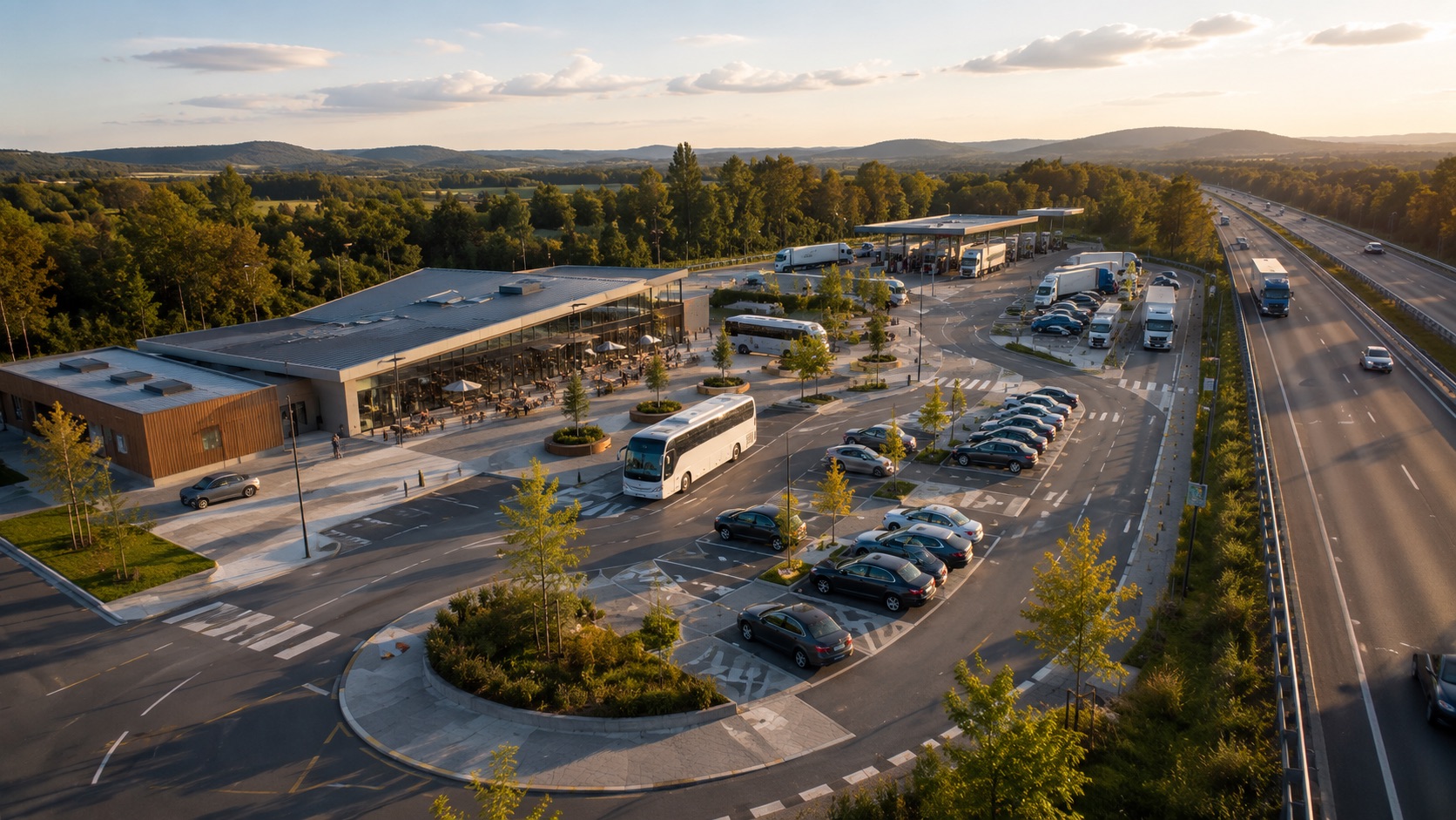 Motorway service station from a bird's-eye view