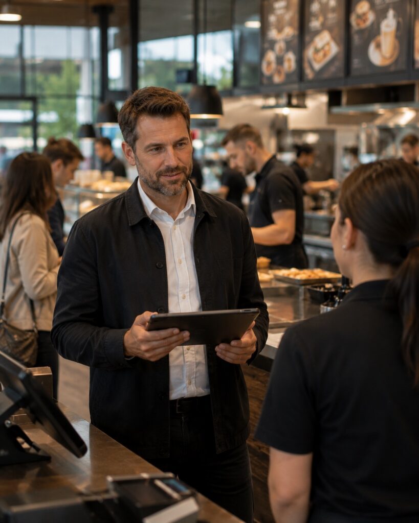 Standortführung mit Tablet im Gespräch an der Theke
