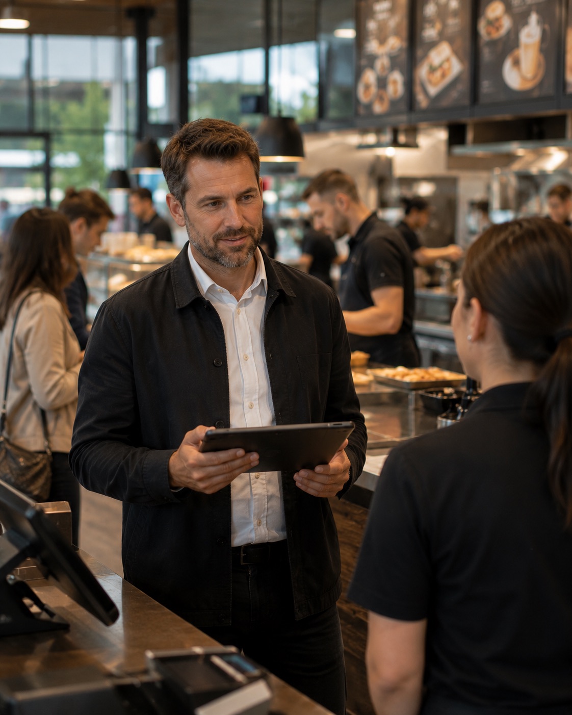 Standortführung mit Tablet im Gespräch an der Theke