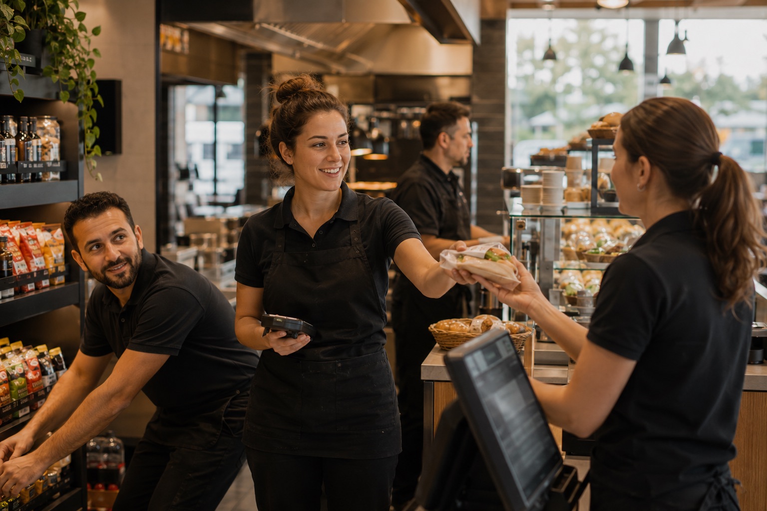 Service-Team an der Theke einer Raststätte bei der Übergabe während einer Stoßzeit